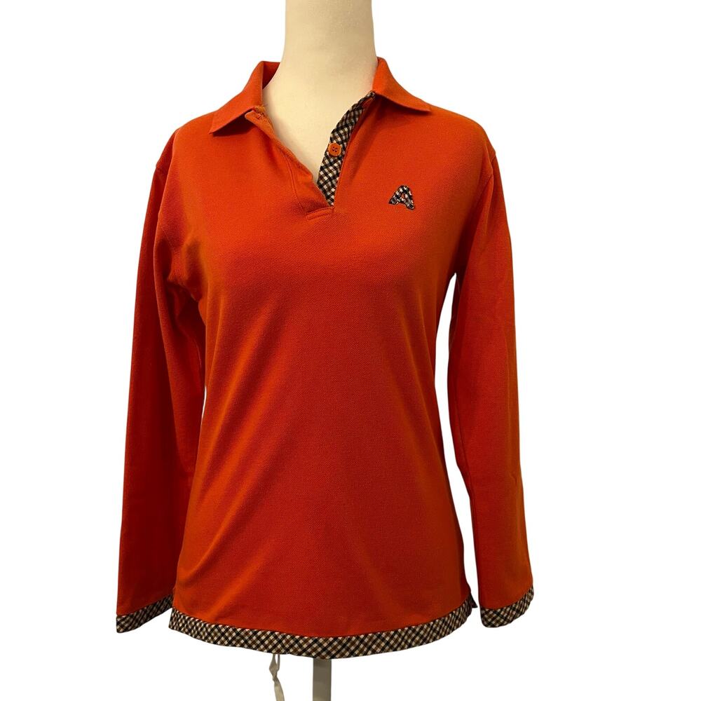 Vintage Aquascutum London Polo Shirt Womens M Golf Plaid‎ Preppy Heritage Orange